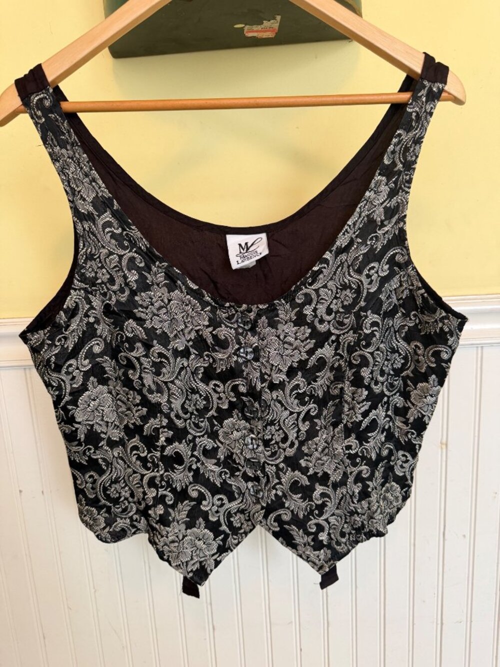 Maggie Lawrence Black & Silver Brocade Tank Top Front Tie Details vintage 90s